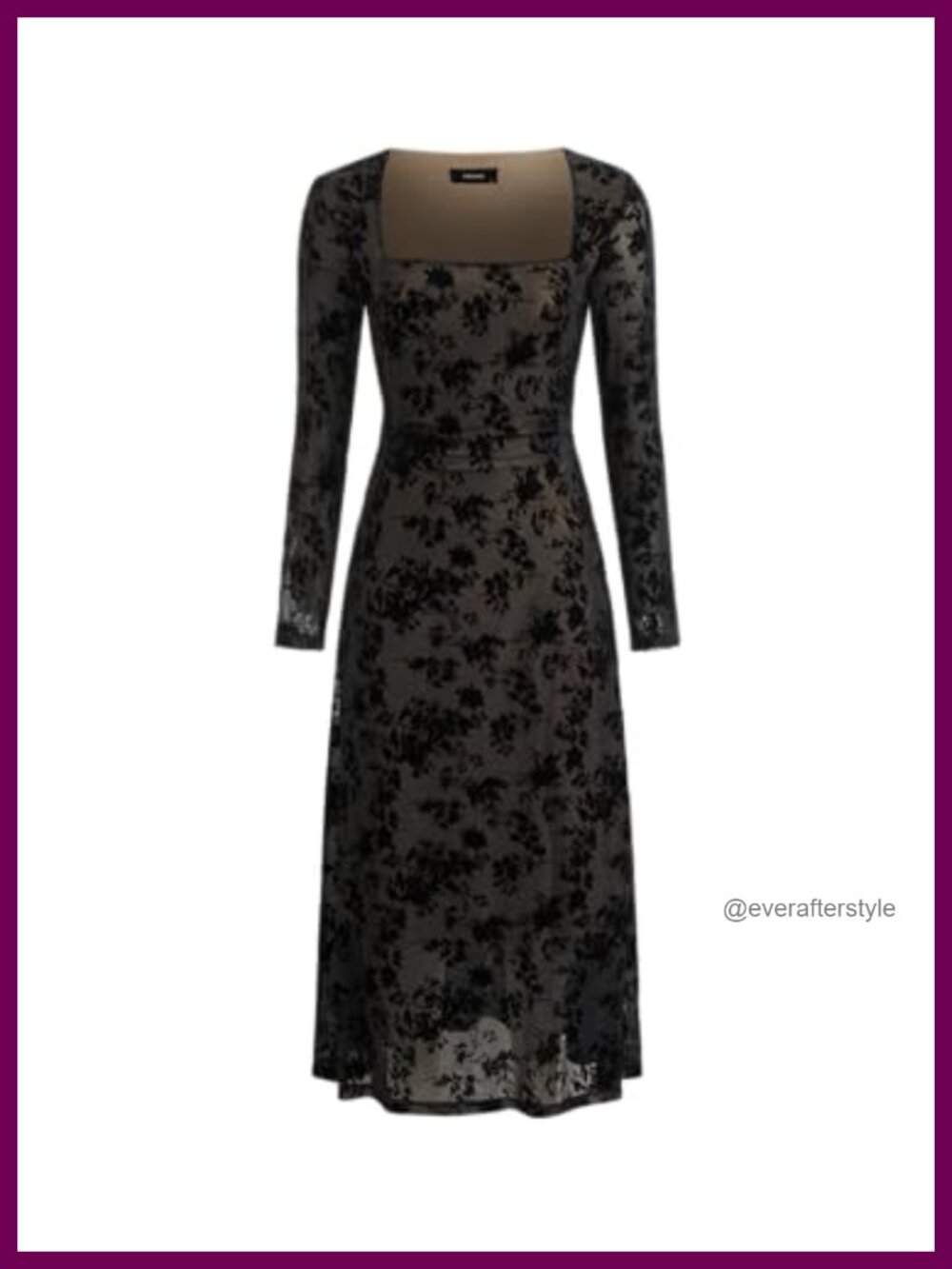 Floral Flocking Mesh Long Sleeve Square Neck Midi Dress Party Evening